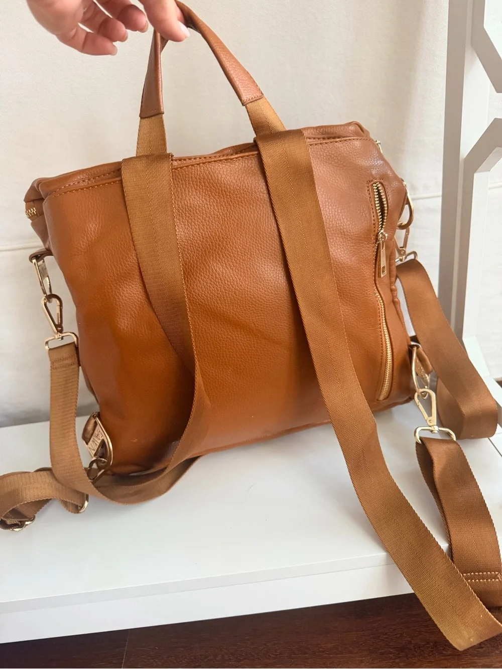 Fawn Design Cognac Leather Diaper Bag with Gold Hardware